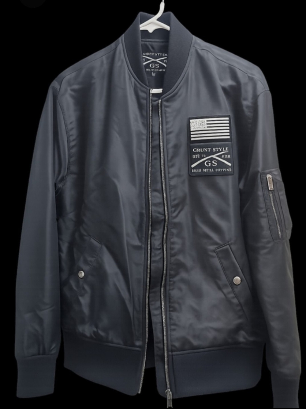 Grunt Style Women's Stealth Black Satin Bomber Jacket Patch Zip Up Small